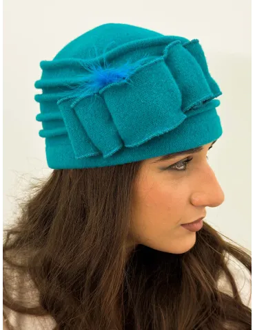 Pure Wool Beret-Style Hat with Bow and Feathers by Complit