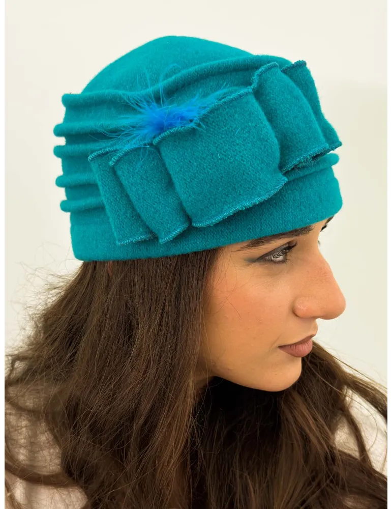 Pure Wool Beret-Style Hat with Bow and Feathers by Complit