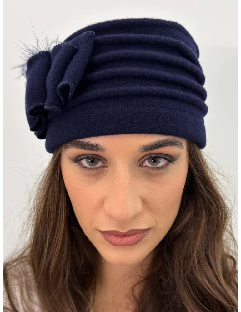 Pure Wool Beret-Style Hat with Bow and Feathers by Complit