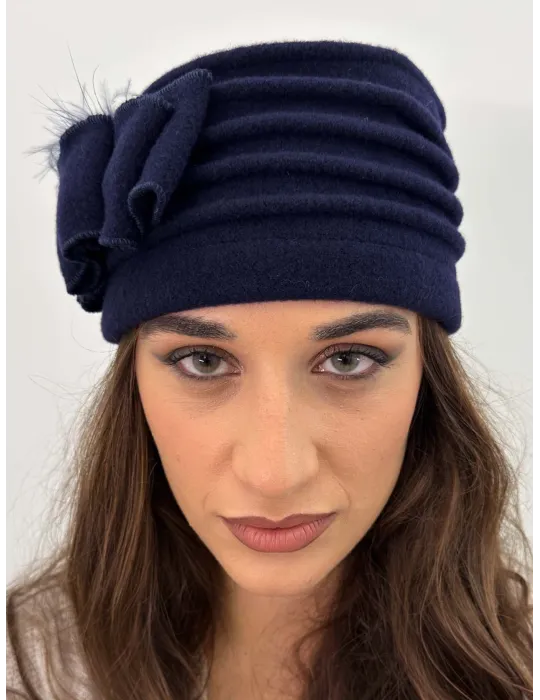 Pure Wool Beret-Style Hat with Bow and Feathers by Complit