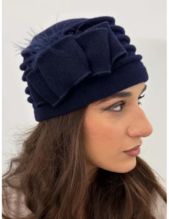 Pure Wool Beret-Style Hat with Bow and Feathers by Complit