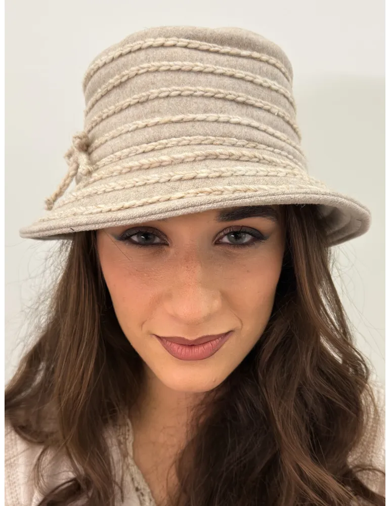 Complit Italian Hats | Beige Wool Cloche Hat with ribbon embroidery
