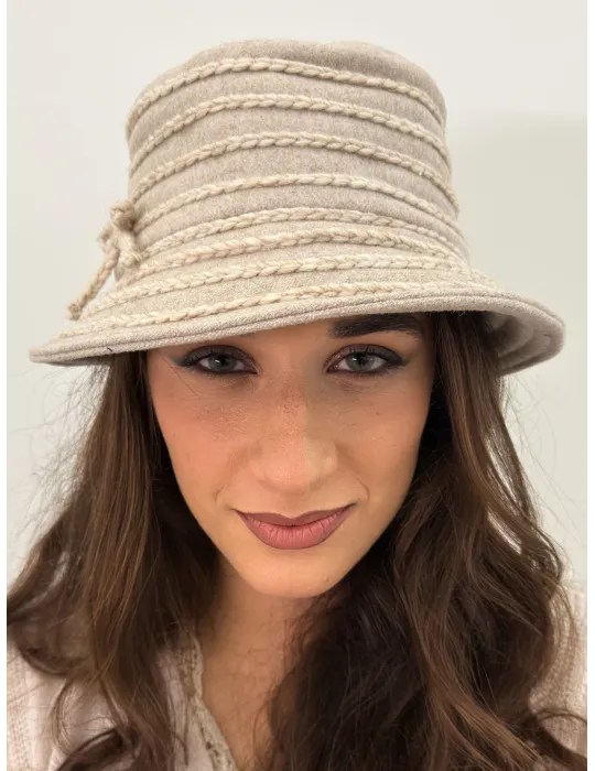 Complit Italian Hats | Beige Wool Cloche Hat with ribbon embroidery