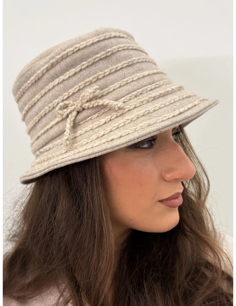 Beige Wool Cloche Hat with ribbon embroidery by Complit