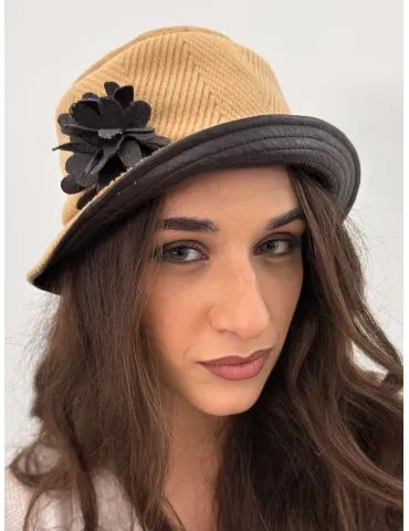 Beige Wool Cloche Hat with faux leather flower by Complit 2