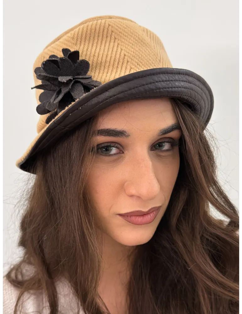 Beige Wool Cloche Hat with faux leather flower by Complit