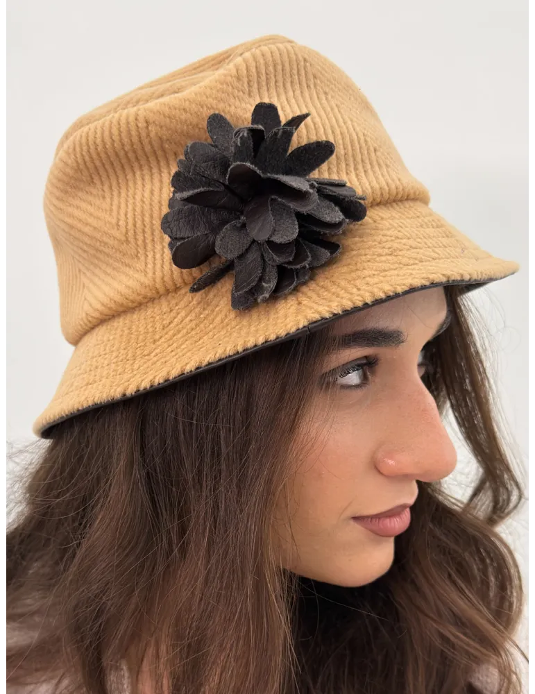 Beige Wool Cloche Hat with faux leather flower by Complit