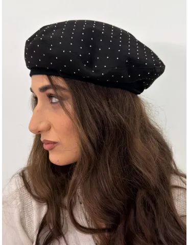 Black wool beret with shiny rhinestones by Complit