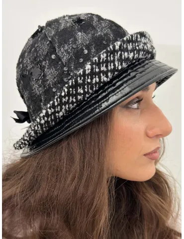 Black and white Cloche Hat with sequins embroidery Complit