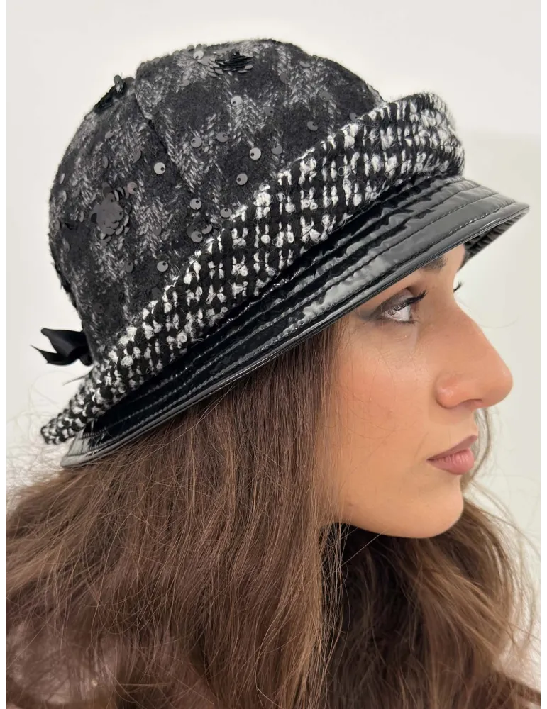 Black and white Cloche Hat with sequins embroidery Complit