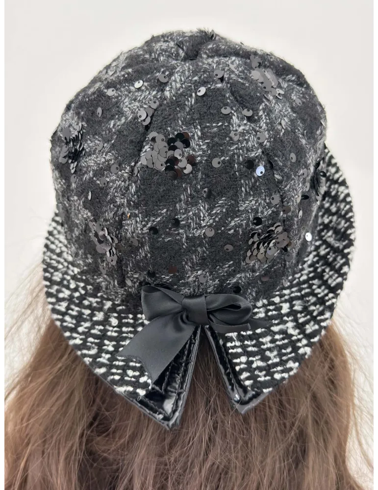 Black and white Cloche Hat with sequins embroidery Complit