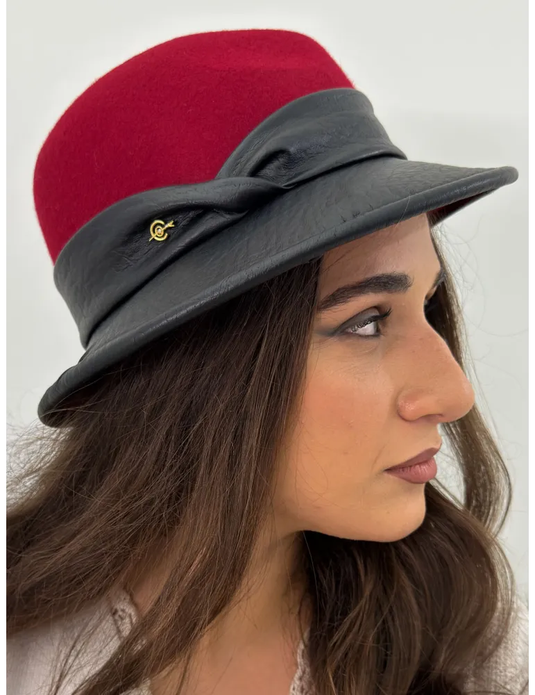 Asymmetrical burgundy and black leather fedora Jazz hat