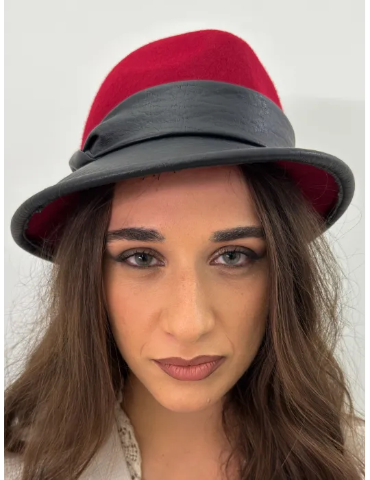 Asymmetrical burgundy and black leather fedora Jazz hat