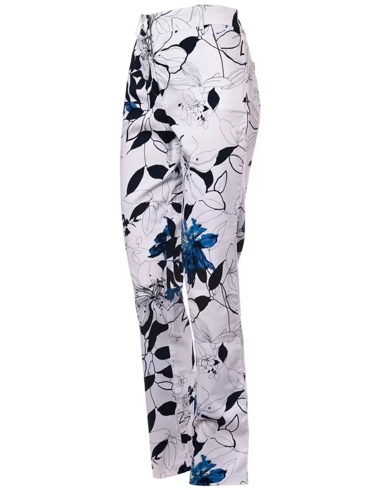 Pantaloni 5 tasche cotone a fiori bianco e blu Luca Giordani