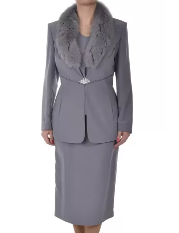 Grey suit with fur collar...