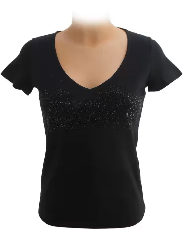 Maglia t-shirt nera in cotone con strass Gui