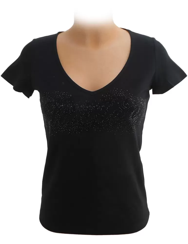 Maglia t-shirt nera in cotone con strass Gui