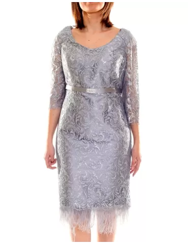 Abito pizzo lurex argento con piume e strass Sonia Peña