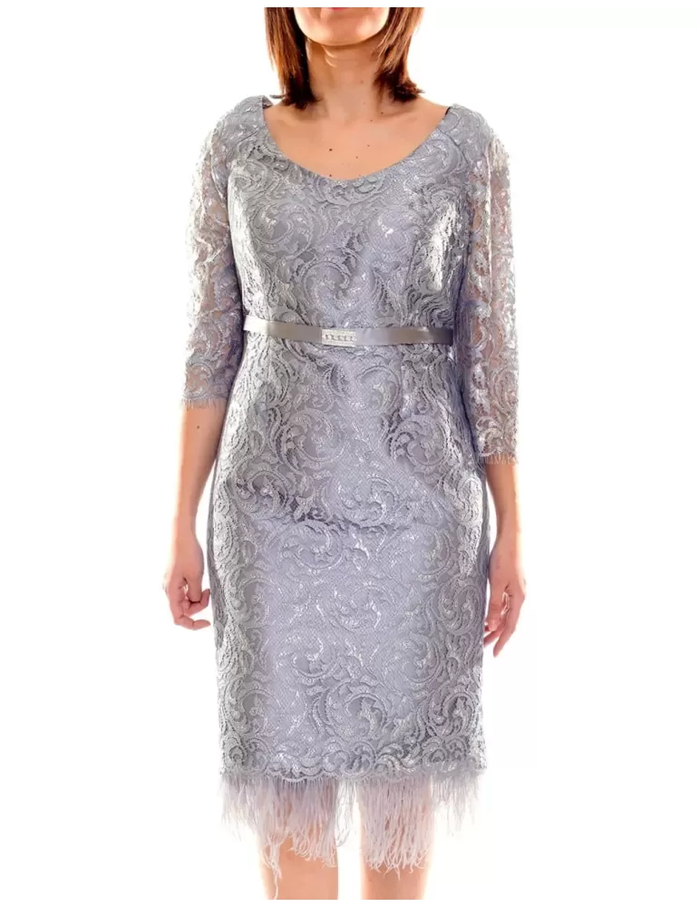 Abito pizzo lurex argento con piume e strass | Sonia Pena outlet Abito pizzo lurex argento con piume e strass | Sonia Pena outlet