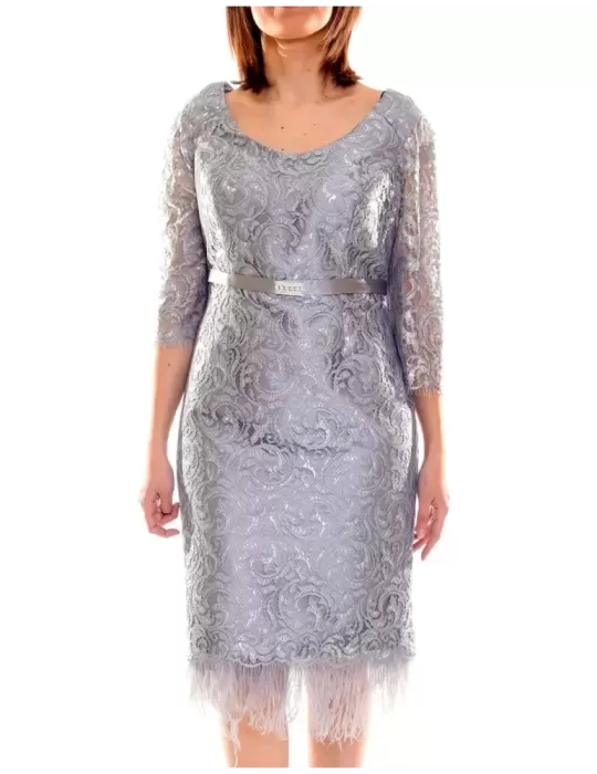 Abito pizzo lurex argento con piume e strass Sonia Peña Abito pizzo lurex argento con piume e strass Sonia Peña