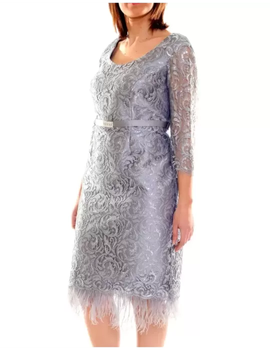 Abito pizzo lurex argento con piume e strass Sonia Peña