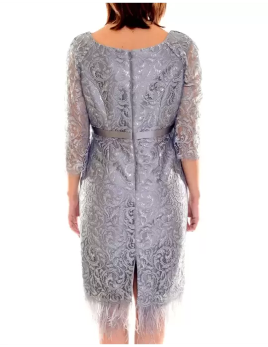 Abito pizzo lurex argento con piume e strass Sonia Peña