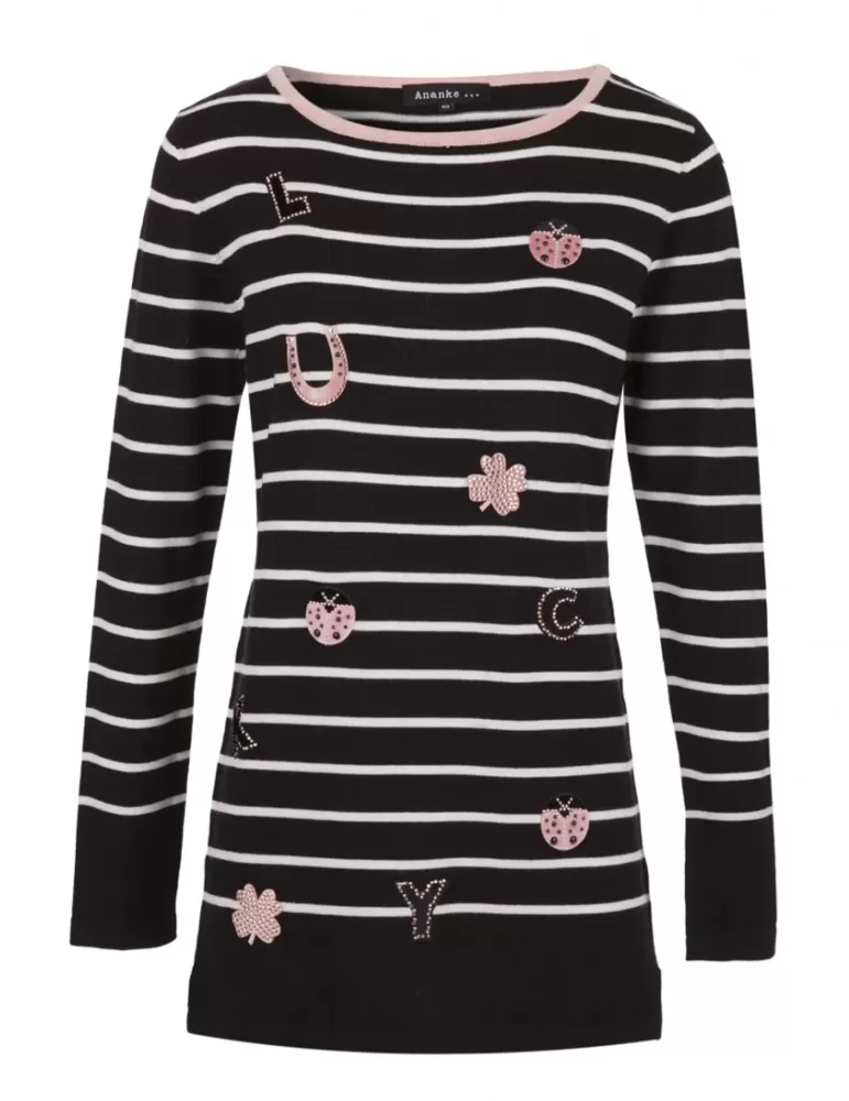 Maglia lunga he bianco e nero Ananke con ricami rosa Maglia lunga he bianco e nero Ananke con ricami rosa