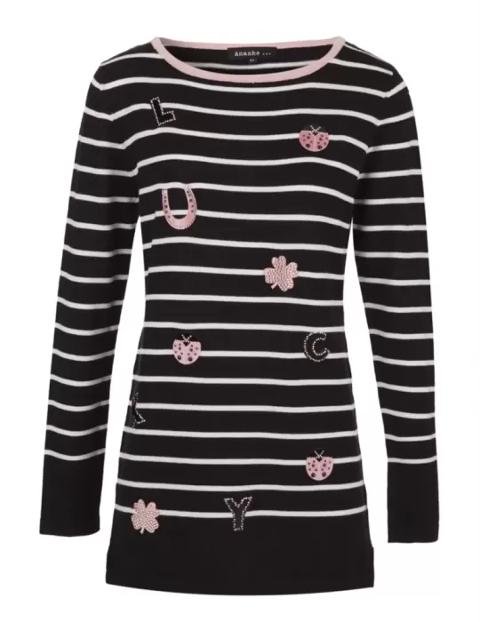 Maglia lunga he bianco e nero Ananke con ricami rosa Maglia lunga he bianco e nero Ananke con ricami rosa