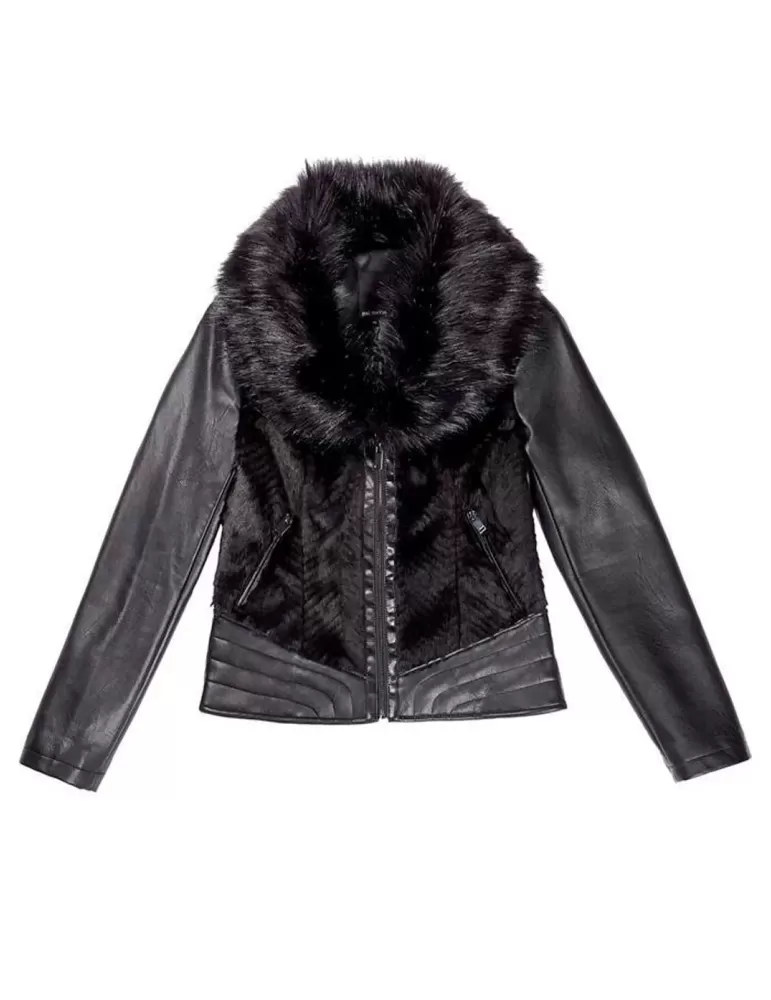 Giacca di pelle nera chiodo con pelliccia Paz Torras
