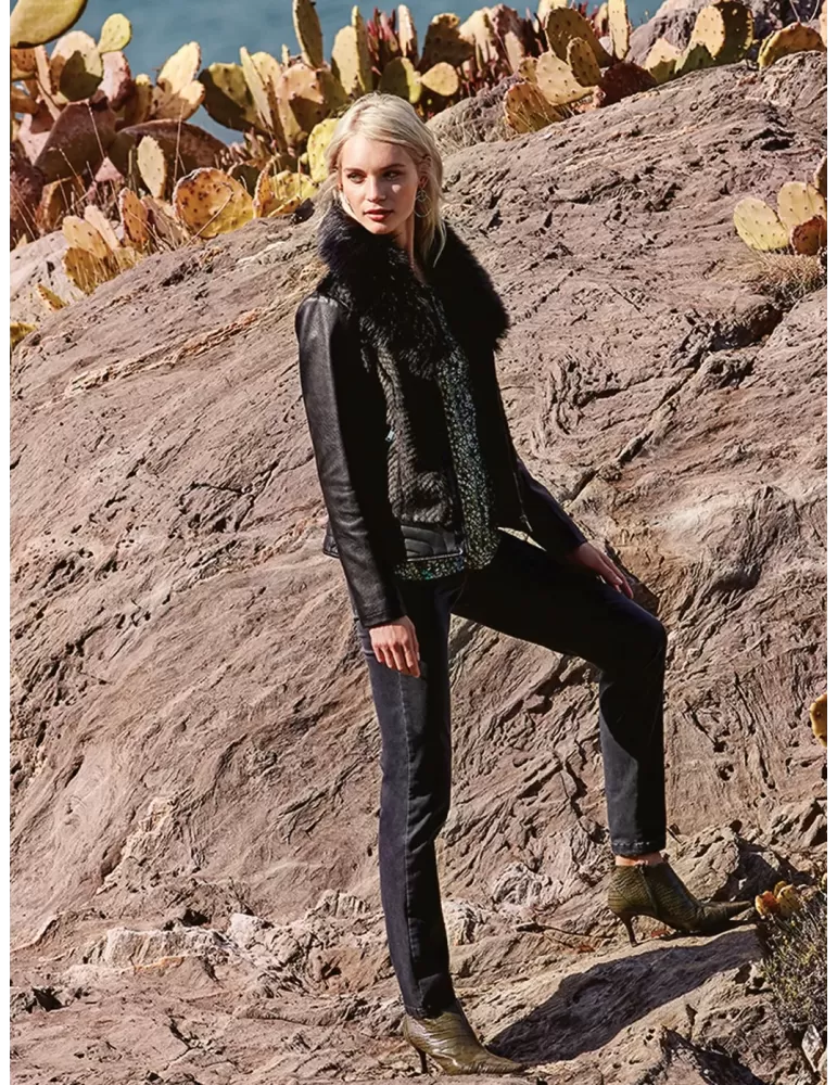 Giacca di pelle nera chiodo con pelliccia Paz Torras Giacca di pelle nera chiodo con pelliccia Paz Torras