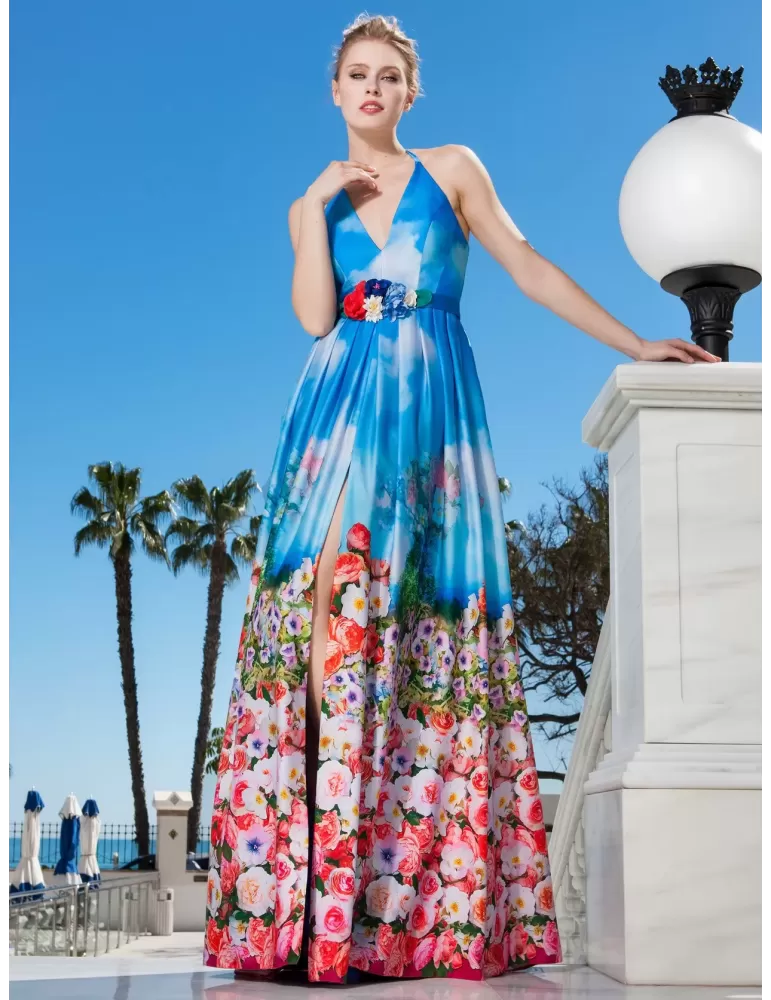 Sonia Pena 1190236 light blue sky and flower printed satin long dress Sonia Pena 1190236 light blue sky and flower printed satin long dress
