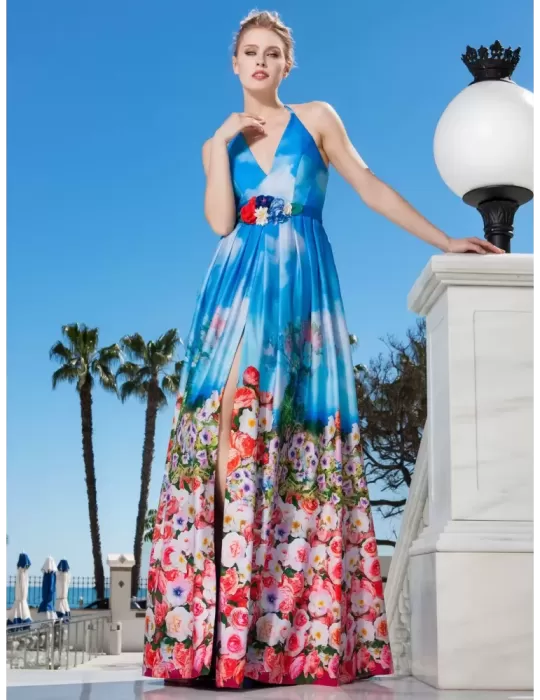 Sonia Pena 1190236 light blue sky and flower printed satin long dress Sonia Pena 1190236 light blue sky and flower printed satin long dress