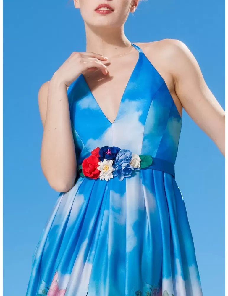 Sonia Pena 1190236 light blue sky and flower printed satin long dress