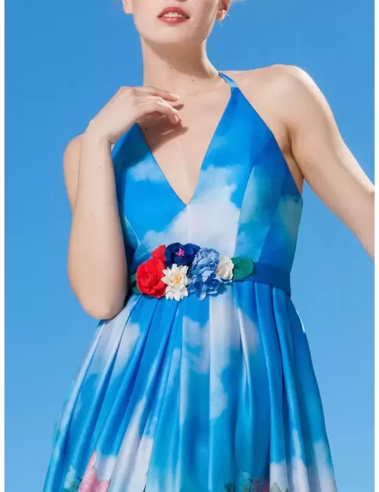 Sonia Pena 1190236 light blue sky and flower printed satin long dress
