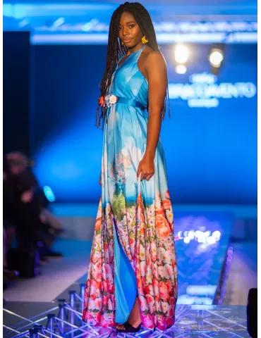 Sonia Pena 1190236 light blue sky and flower printed satin long dress 2