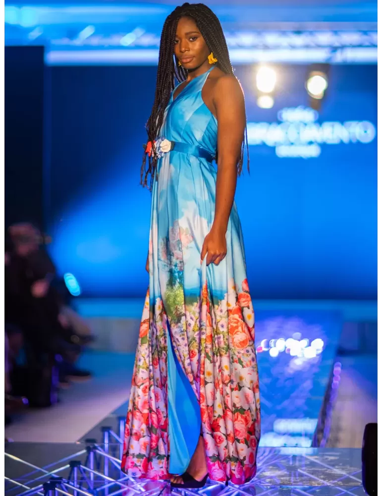 Sonia Pena 1190236 light blue sky and flower printed satin long dress