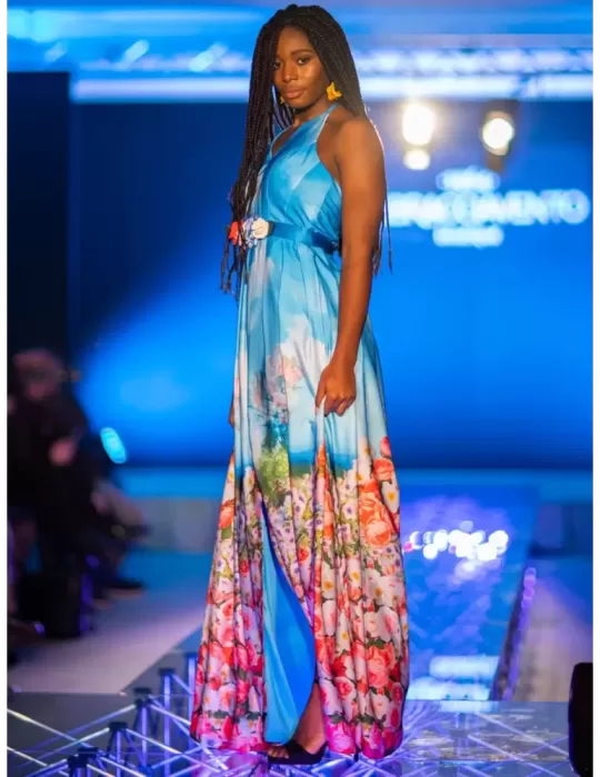 Sonia Pena 1190236 light blue sky and flower printed satin long dress