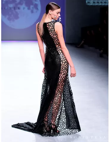 Sexy abito lungo nero pizzo Sonia Pena Pasarela 1204018