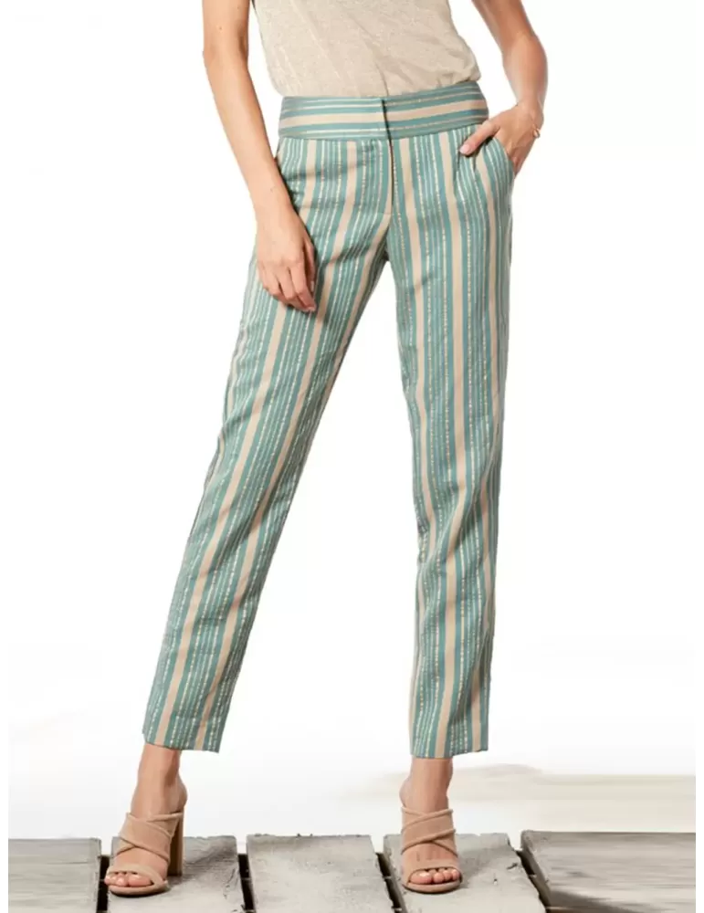 Pantaloni capri shantung a righe oro e verde acqua Paz Torras