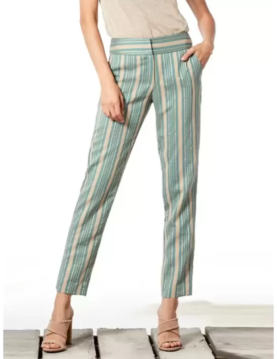 Paz Torras Shantung silk striped gold turquoise high waist trousers Paz Torras Shantung silk striped gold turquoise high waist trousers