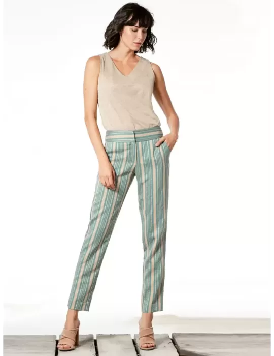 Paz Torras Shantung silk striped gold turquoise high waist trousers