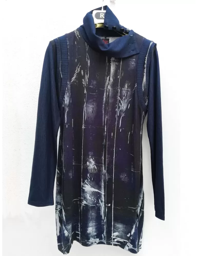 Abito tubino jersey blu e nero fantasia artistica Aventures des toiles Abito tubino jersey blu e nero fantasia artistica Aventures des toiles