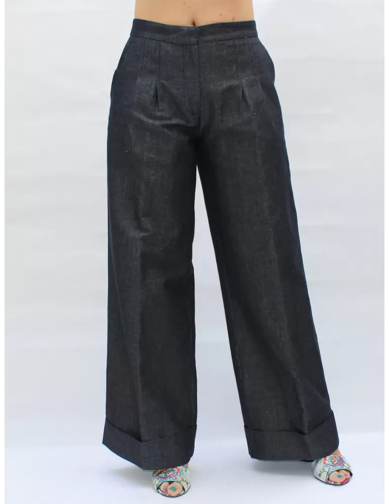Pantaloni lunghi palazzo a pieghe denim jeans blu by Amethist Padova Pantaloni lunghi palazzo a pieghe denim jeans blu by Amethist Padova