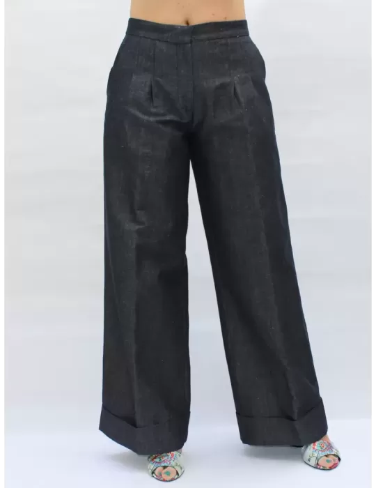 Pantaloni lunghi palazzo a pieghe denim jeans blu by Amethist Padova Pantaloni lunghi palazzo a pieghe denim jeans blu by Amethist Padova