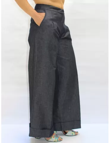 Pantaloni lunghi palazzo a pieghe denim jeans blu by Amethist Padova 2