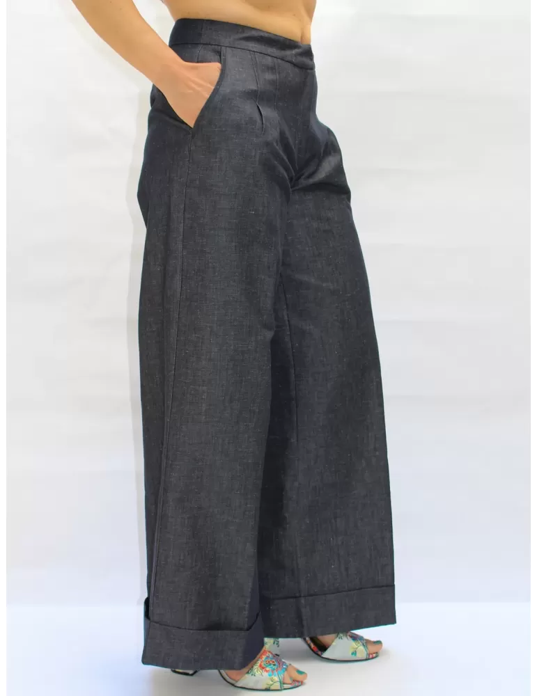 Pantaloni lunghi palazzo a pieghe denim jeans blu by Amethist Padova