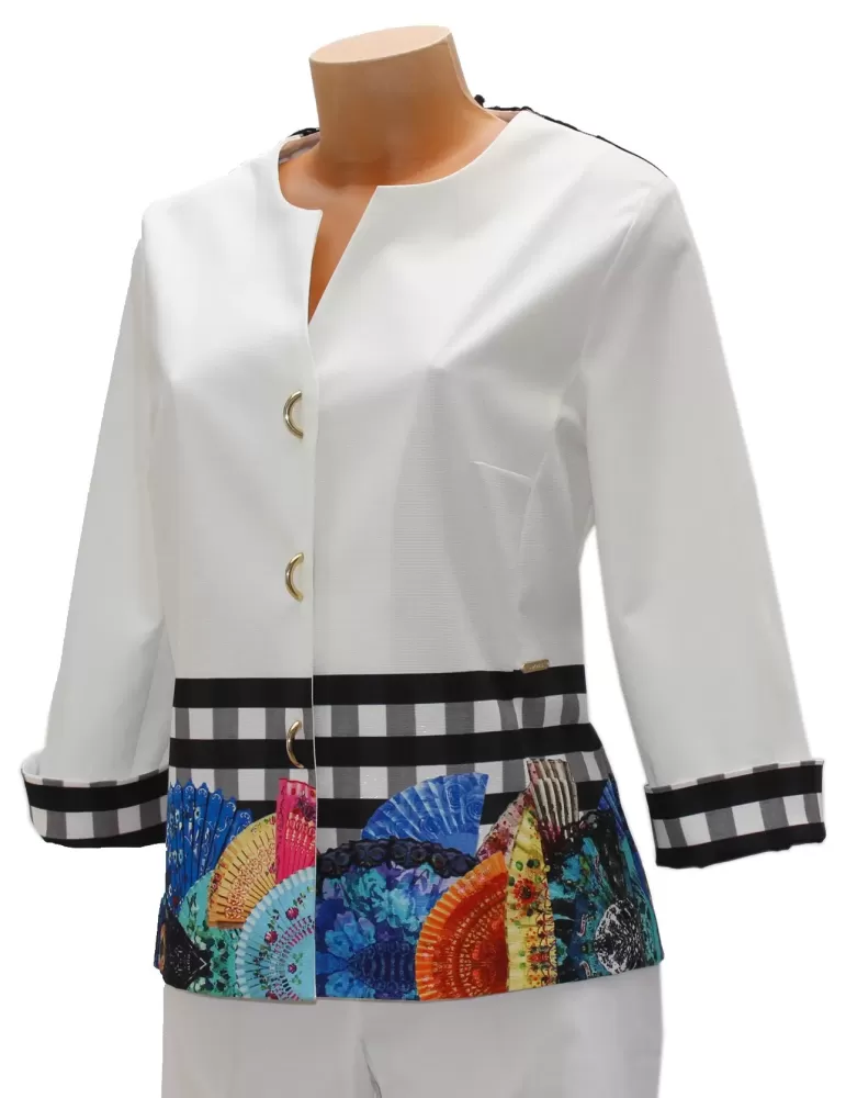 Giacca elegante bianca Fuego Woman con ventagli colorati e pizzo