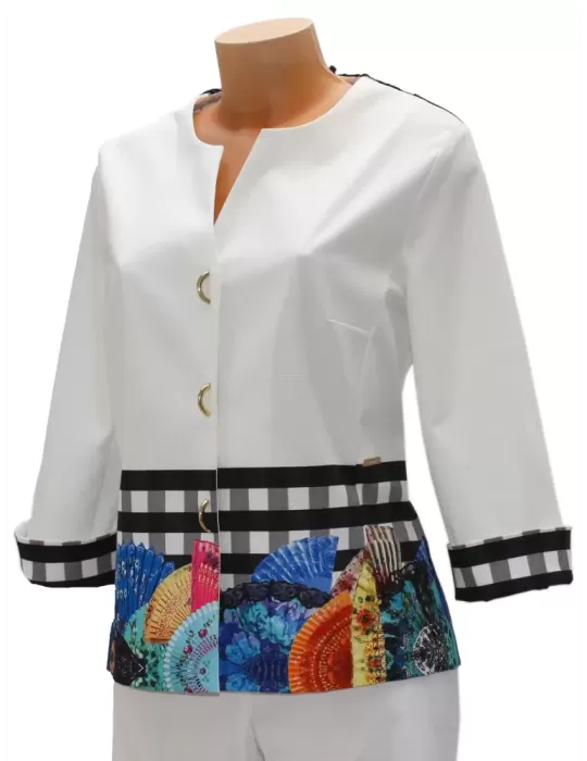 Giacca elegante bianca Fuego Woman con ventagli colorati e pizzo