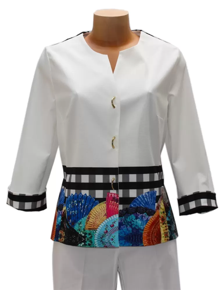 Giacca elegante bianca Fuego Woman con ventagli colorati e pizzo Giacca elegante bianca Fuego Woman con ventagli colorati e pizzo