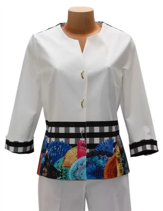 Fuego Woman elegant white jacket with black lace and fans Fuego Woman elegant white jacket with black lace and fans